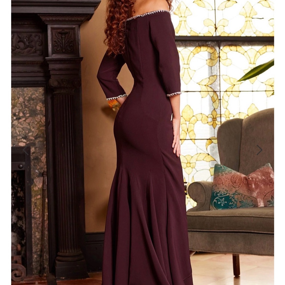 Jovani 23190 Plum Fitted Three Quarter Sleeve Evening Gown - Picture 2 of 6